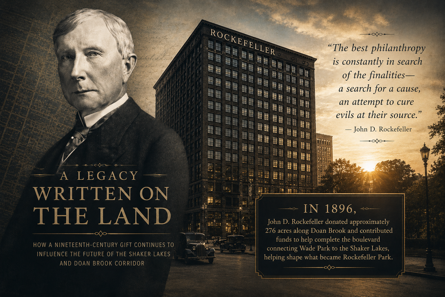 A Legacy Written on the Land — In 1896, John D. Rockefeller donated approximately 276 acres along Doan Brook and contributed funds to help complete the boulevard connecting Wade Park to the Shaker Lakes, helping shape what became Rockefeller Park.