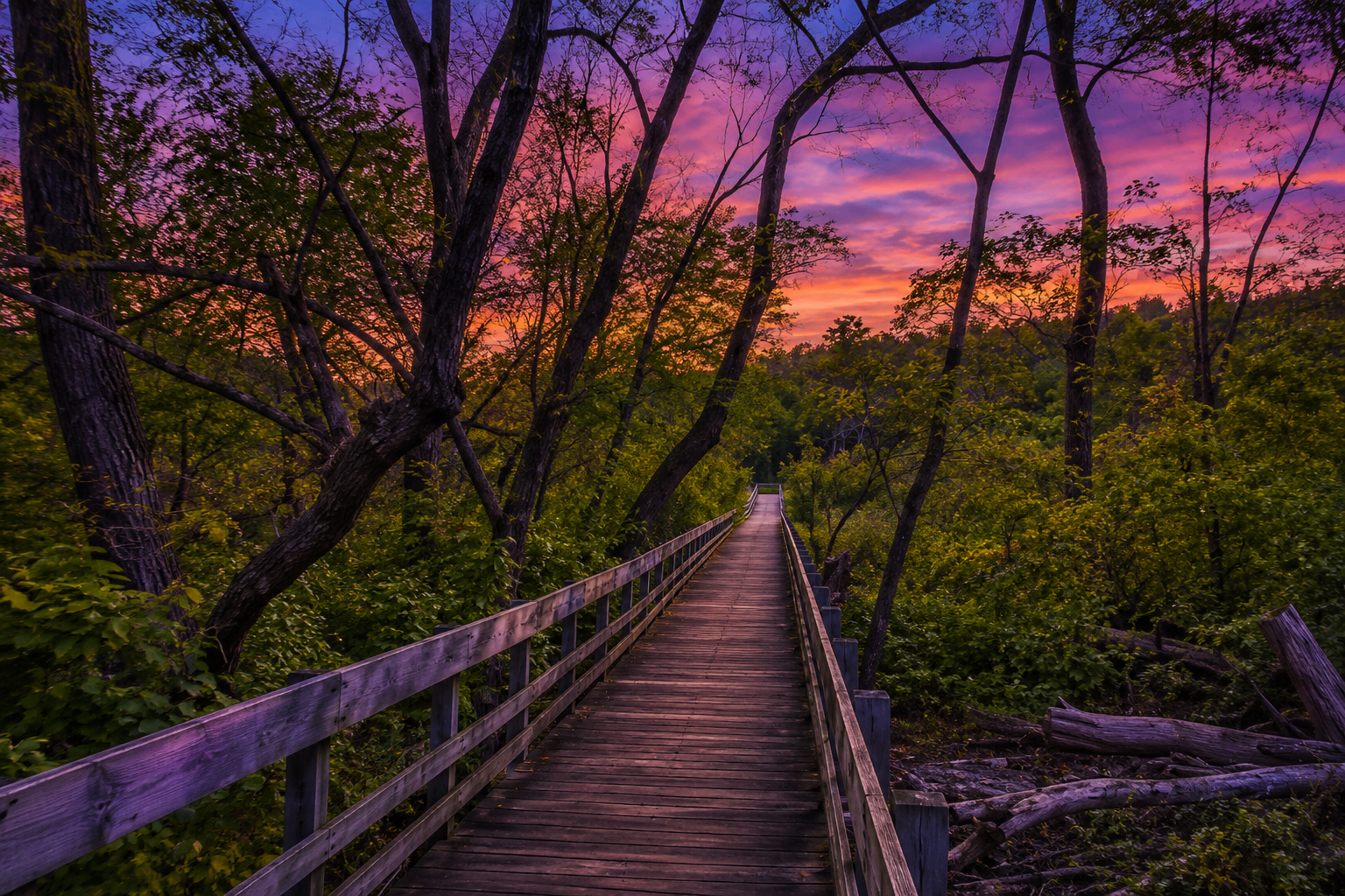 Boardwalk over water at dusk