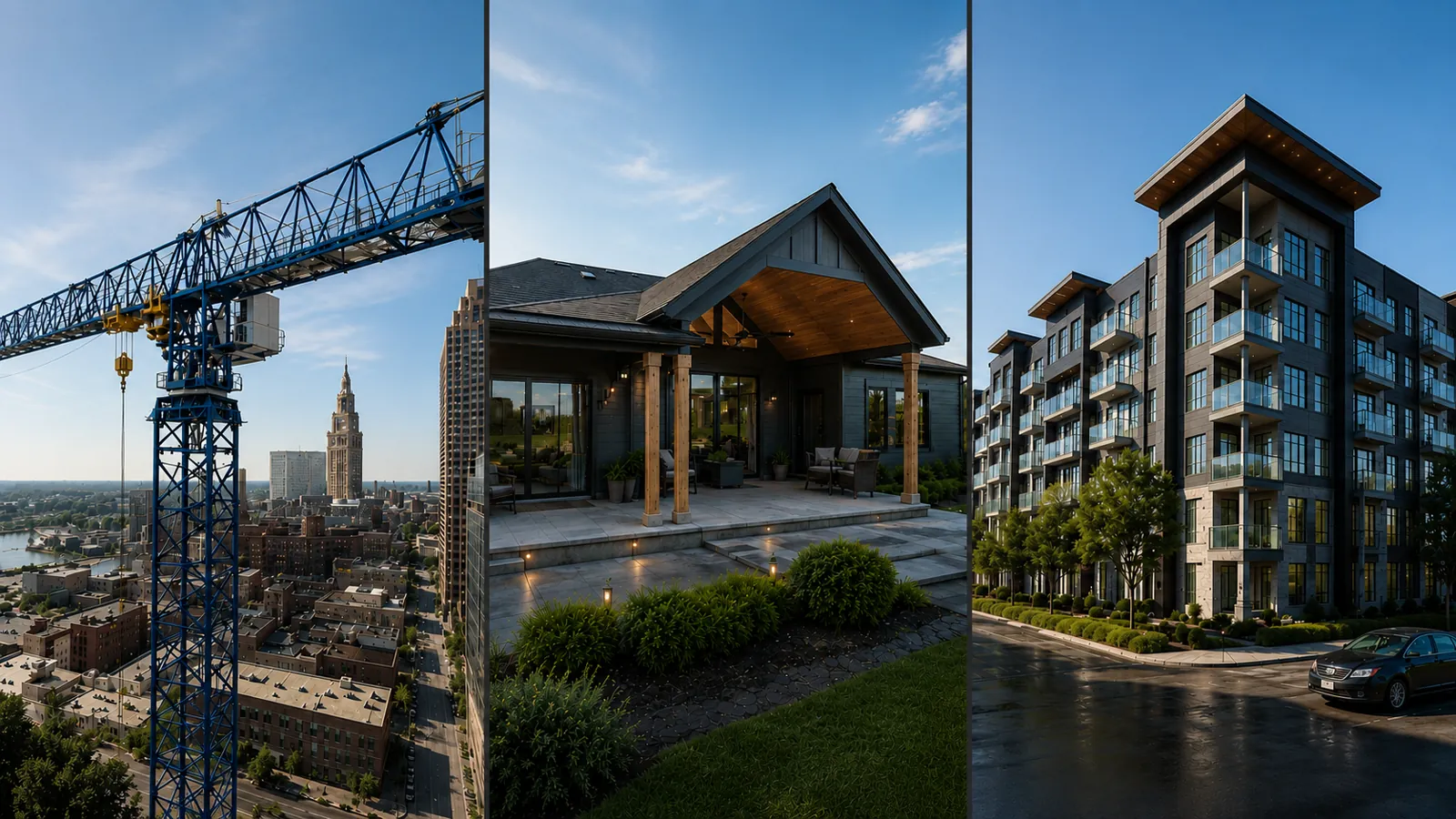 Construction crane over a city skyline, a luxury home at dusk, and a modern apartment building