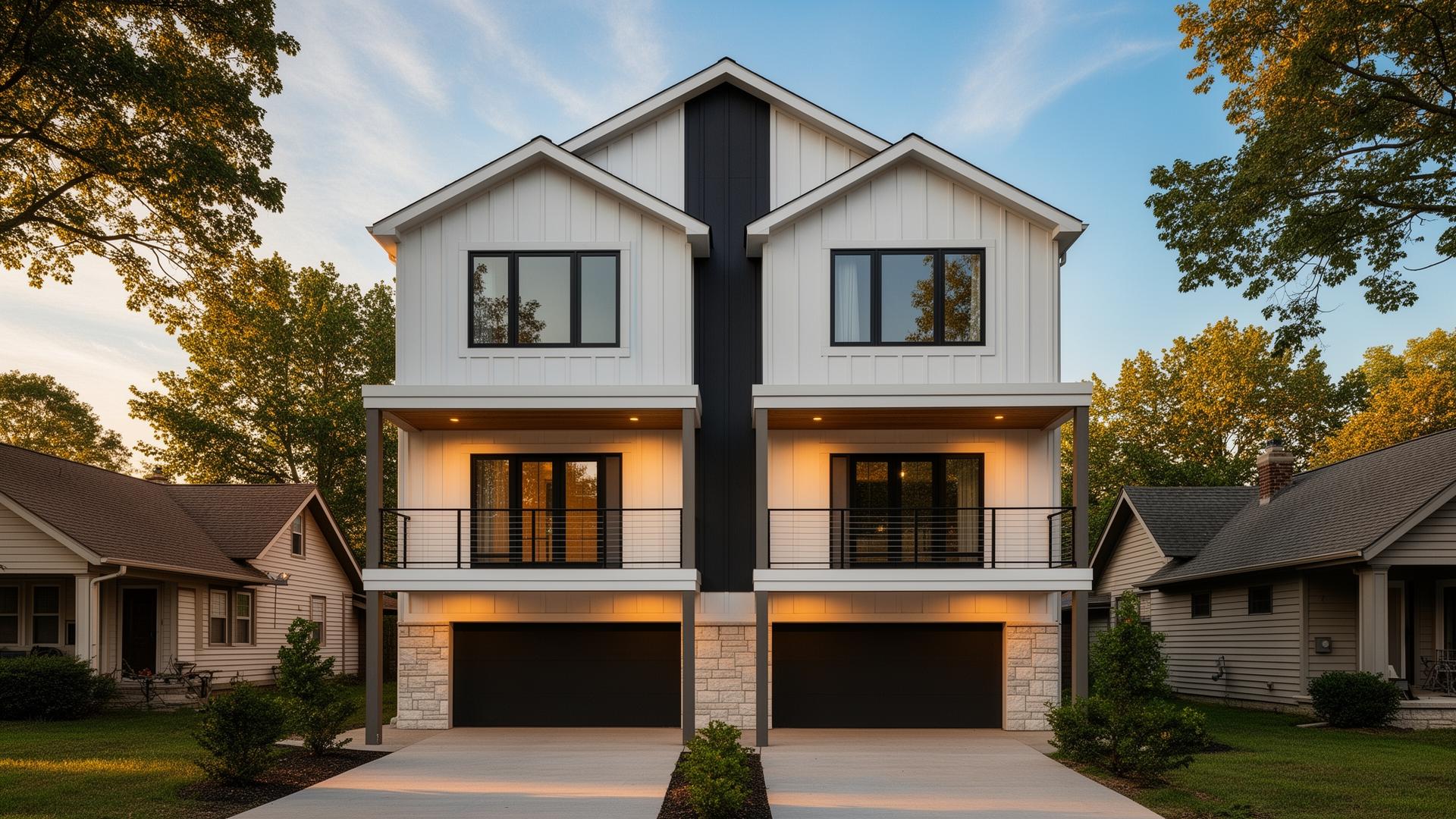 Modern Cleveland duplex with white board-and-batten siding, stacked porches, and side-by-side garages