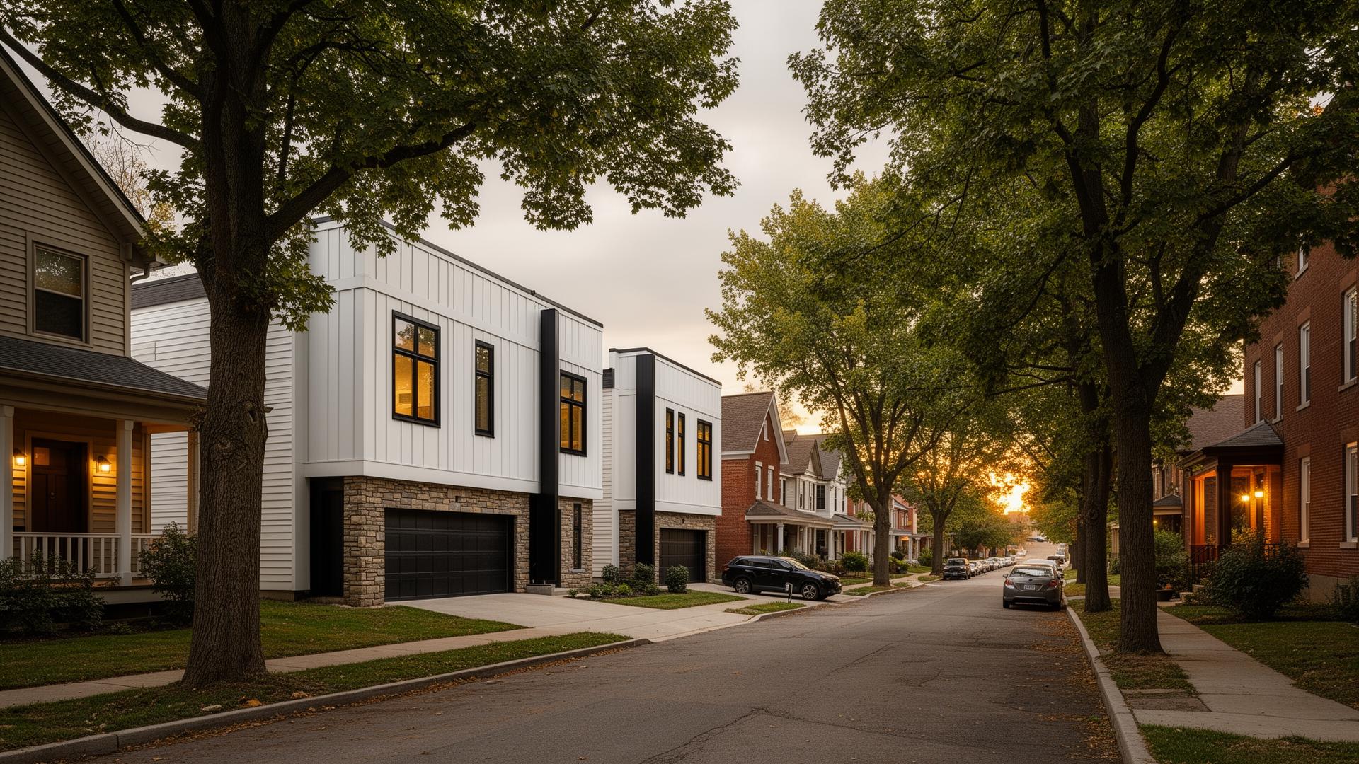 Tree-lined Cleveland residential street showing newly built modern duplexes integrated between renovated early-1900s homes
